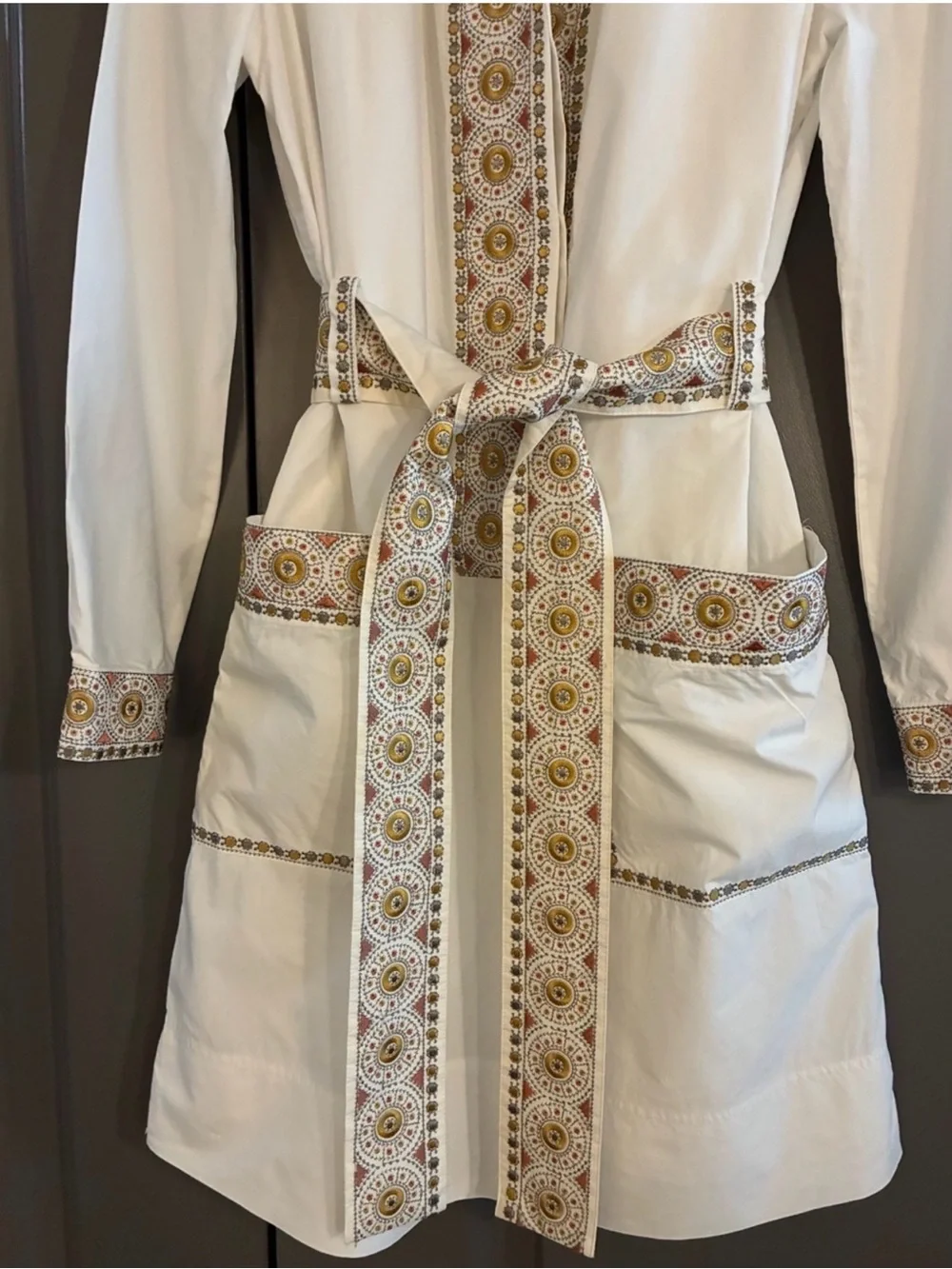 White Embroidered Belted Shirt Dress with Gold Accents